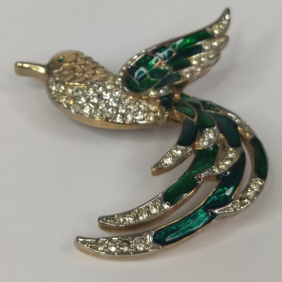 Bird Parrot Pin Brooch Green White Costume Jewelry Vintage Gold Tone Rhinestone - Picture 2 of 14
